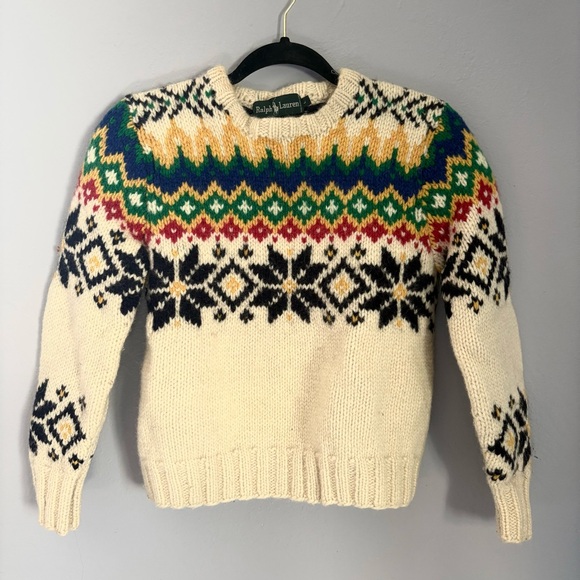 Vintage 80s Ralph Lauren Cream Fair Isle Wool Sweater / Vintage Cowichan